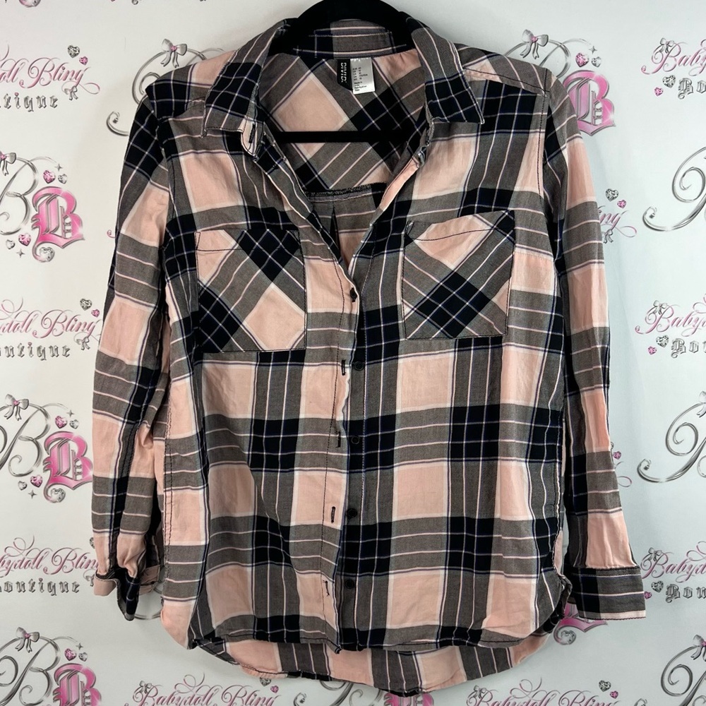 Divided pink blue purple black Plaid Button-Up Shirt in Pink and Black